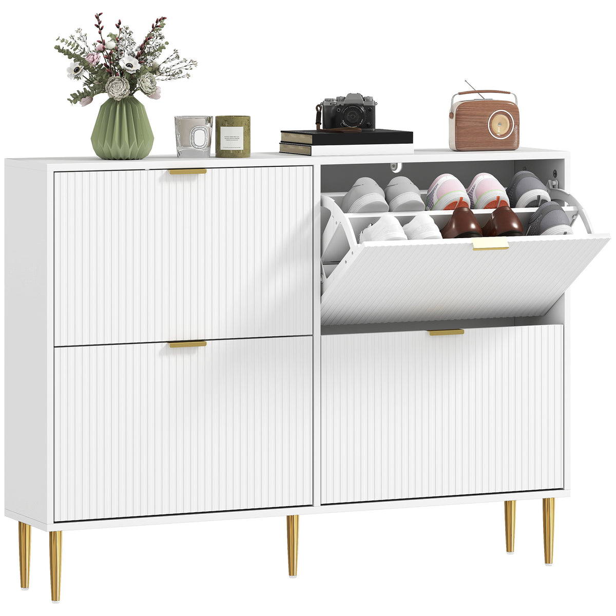 Sapateira Estreita com 4 Portas Canelada Sapateira para Entrada com Prateleiras Ajustáveis para 20 Pares de Sapatos 105x24x91,5 cm Branco — foto 1