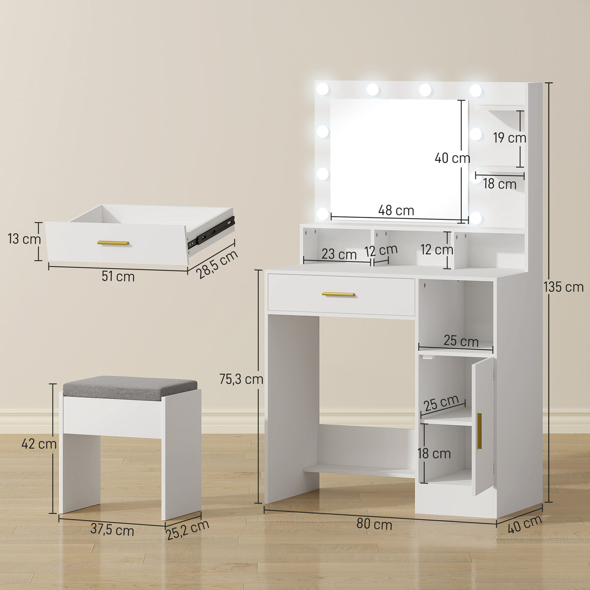 Toucador de Maquilhagem com Luzes LED e Banco Toucador com Espelho 10 Lâmpadas LED Gaveta Prateleiras Compartimentos Abertos para Quarto Closet Branco — foto 3