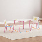Mesa e Cadeiras para Crianças de 3 Peças Mesa Infantil com 2 Cadeiras em Madeira Conjunto de Móveis com Desenhos de Estrelas e Sol para Crianças Acima de 3 Anos para Quarto Sala de Jogos Rosa — foto 3
