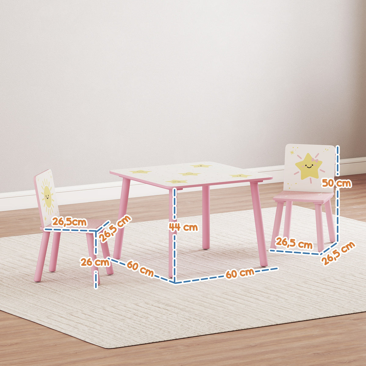 Mesa e Cadeiras para Crianças de 3 Peças Mesa Infantil com 2 Cadeiras em Madeira Conjunto de Móveis com Desenhos de Estrelas e Sol para Crianças Acima de 3 Anos para Quarto Sala de Jogos Rosa — foto 3