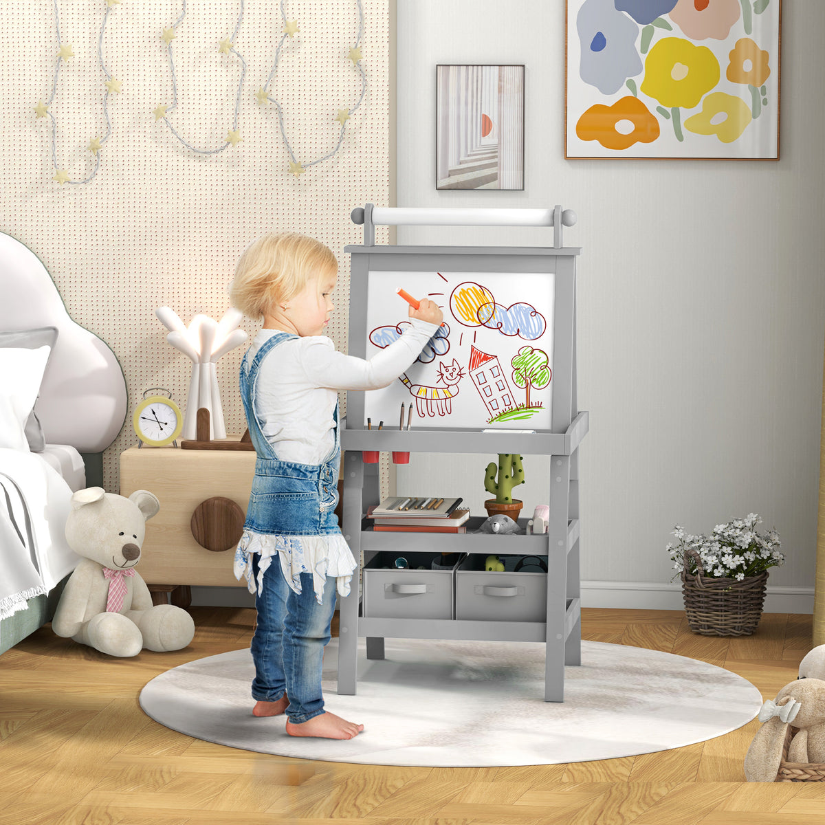 Quadro infantil Cavalete de Pintura Infantil 3 em 1 Quadro Magnético Dupla Face com Rolo de Papel e Cestos de Arrumação Cinzento — foto 2