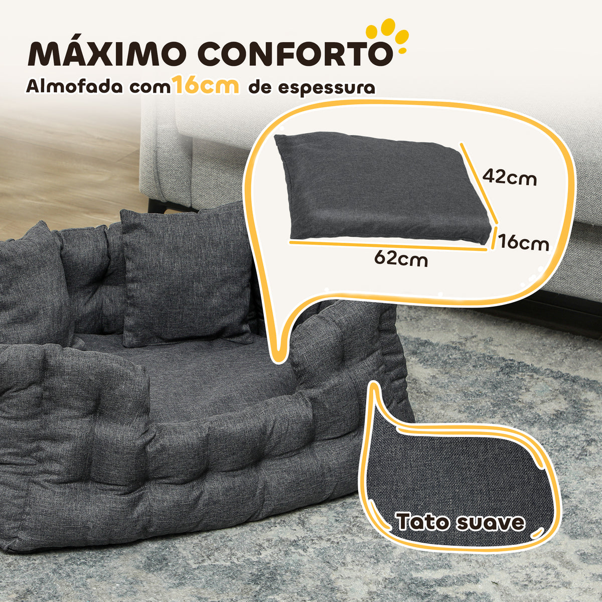 Cama para Cães Pequenos Cama para Animais de Estimação com 2 Almofadas Cama para Cães com Base Antiderrapante Capa Amovível e Lavável 70x50x30 cm Cinza — foto 6