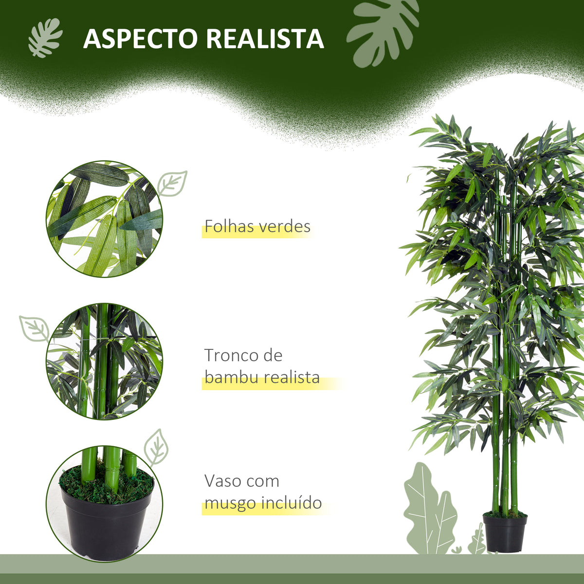 Bambú Artificial 180cm com Ramos Realistas Planta Sintética Decorativa com Vaso para Sala de Estar Escritório Ø20x180cm Verde — foto 5