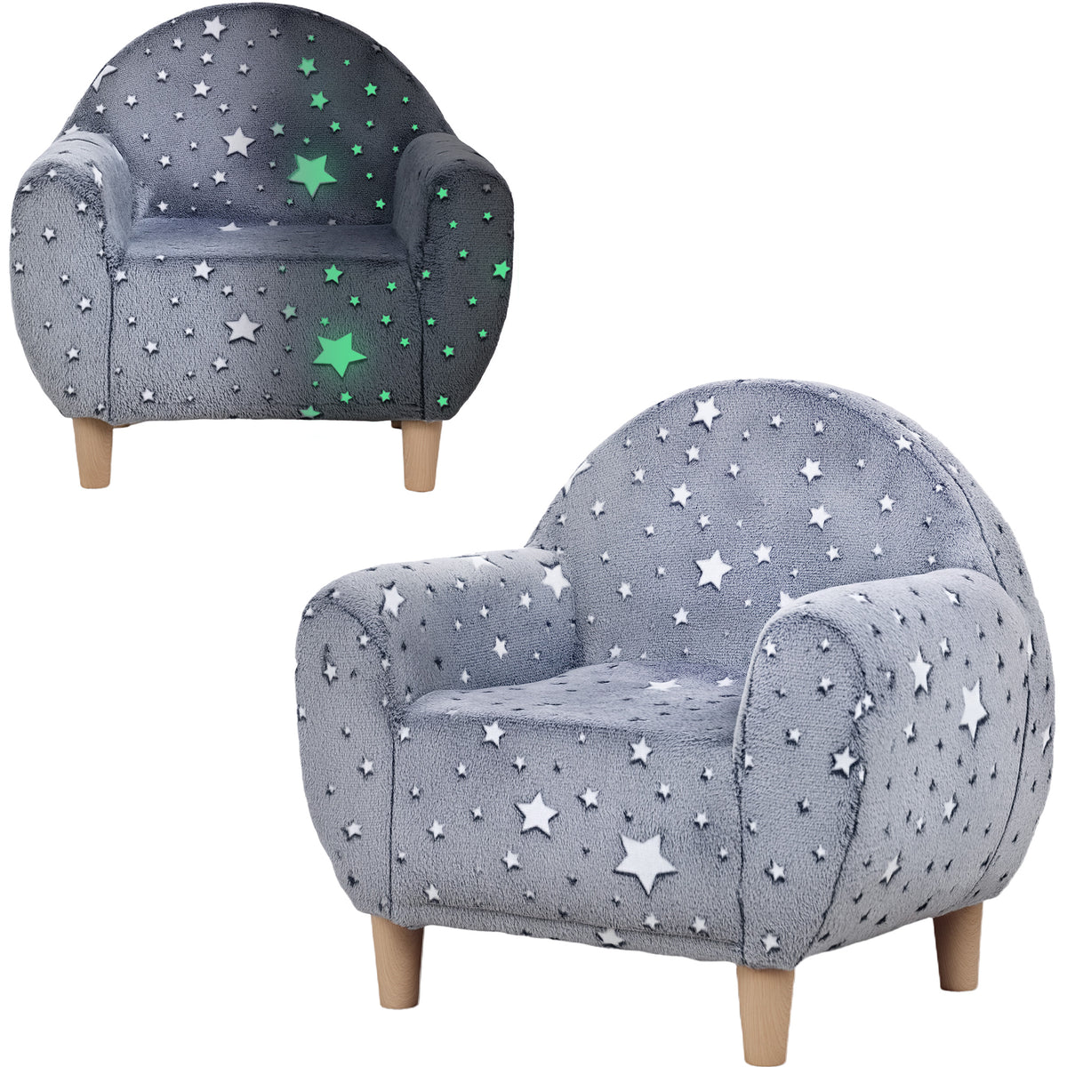 Poltrona para Crianças com Desenho de Estrelas que Brilham no Escuro Sofá para Crianças de 18-36 Meses Tecido Suave de Veludo Apoios de Braços Carga 45 kg 55x40x55 cm Cinzento — foto 1