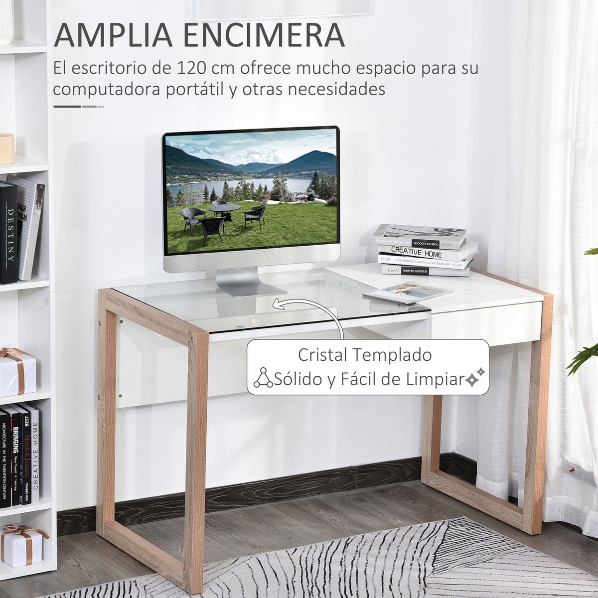 Secretária para escritorio estudo Design moderno com tampo de vidro temperado Gaveta Combinação de estilos 120x60x75 cm branco — foto 4