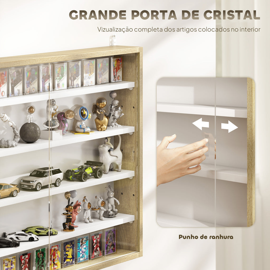Vitrine de Parede de Madeira com Prateleiras Ajustáveis e 2 Portas Corredeiras de Vidro para Coleções Perfumes Bonecos de Decoração 80x9,5x60cm Madeira e Branco — foto 5