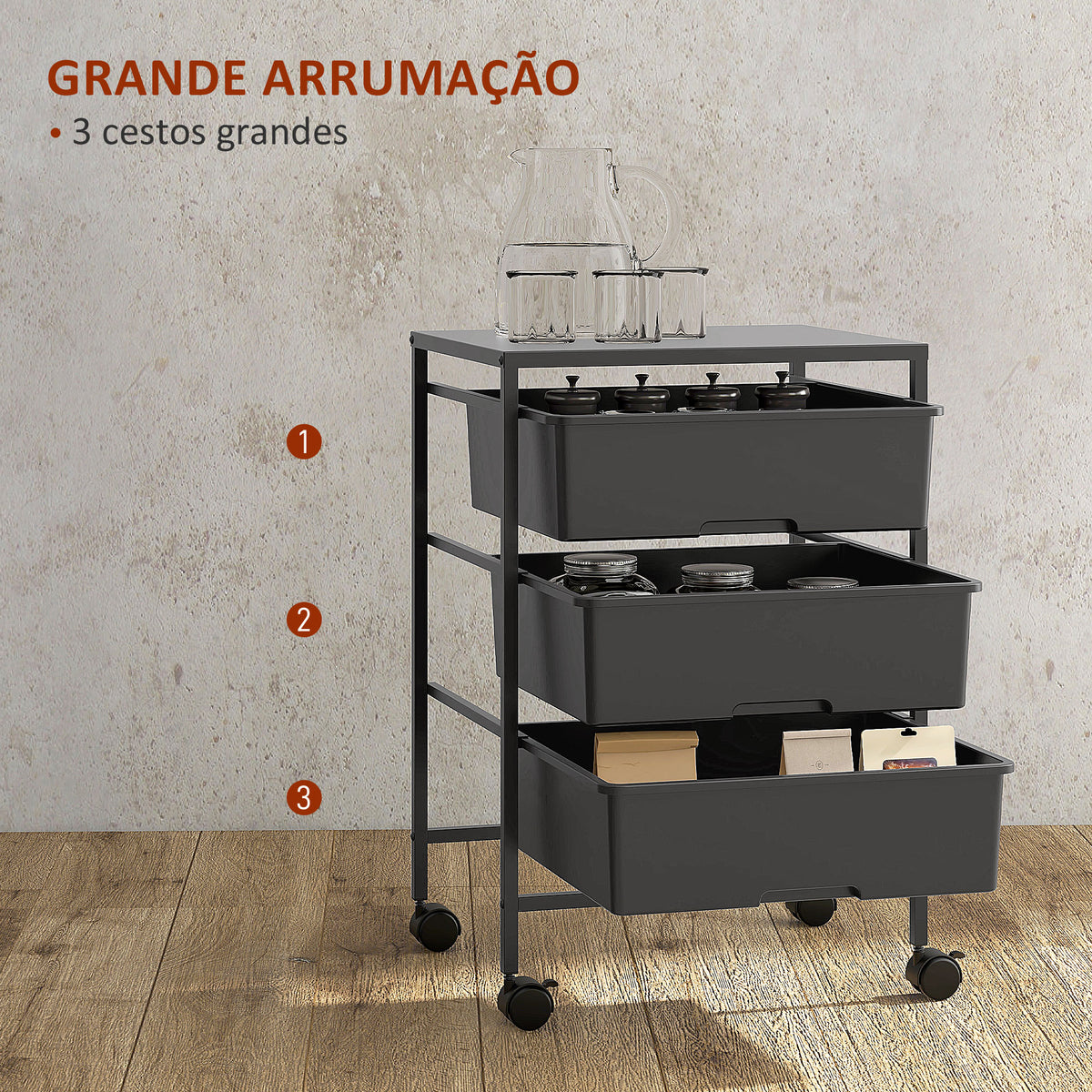Carrinho Auxiliar com Rodas Carrinho de Cozinha de 3 Níveis com 3 Cestos para Armazenamento e Estrutura de Aço para Sala de Jantar Banheiro 40,8x33,5x60,5 cm Preto — foto 4