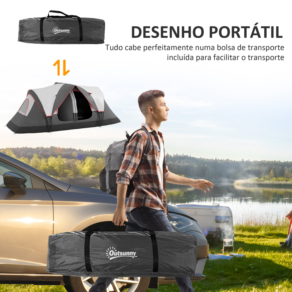 Tenda de Campismo Familiar para 4-5 Pessoas Tenda de Campismo Dobrável com 2 Quartos e Bolsa de Transporte Impermeável para Trekking 450x215x180 cm Cinza — foto 7