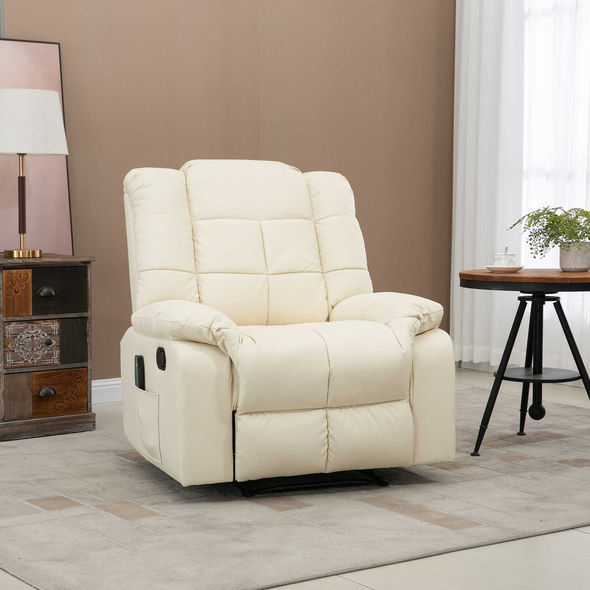 Poltrona de Massagem Poltrona Relax Reclinável com 8 Pontos de Massagem Controlo Remoto Estofada em PU Apoio para Pés Bolso Lateral Poltrona para Sala de Estar Quarto 94x99x99 cm Creme — foto 2