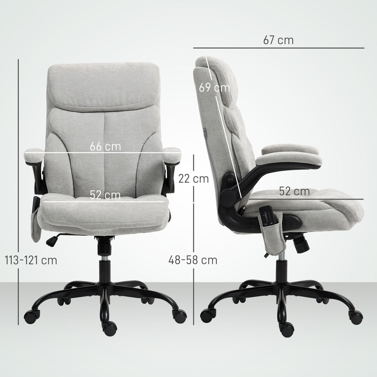 Cadeira de Escritório com Massagem Cadeira Giratória com Altura Ajustável Função de Aquecimento Apoios de Braços Rebatíveis Encosto Alto e Controlo Remoto 66x67x113-121 cm Cinzento — foto 3