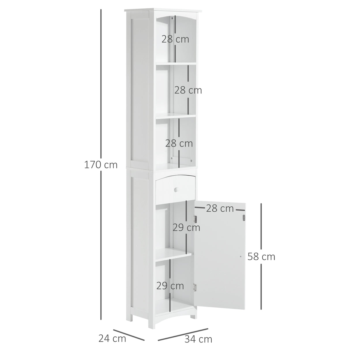 Coluna Casa de Banho com 1 Gaveta Armário e 3 Prateleiras Abertas Armário Alto Auxiliar para Casa de Banho 34x24x170 cm Branco — foto 3