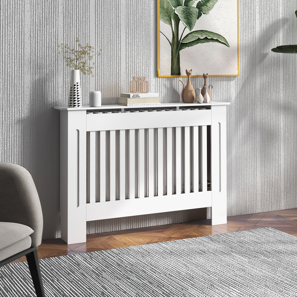 Cobertura Radiador com Desenho Moderno de MDF com Prateleira Superior para Sala de Estar Dormitório Escritório 112x19x81cm Branco — foto 2
