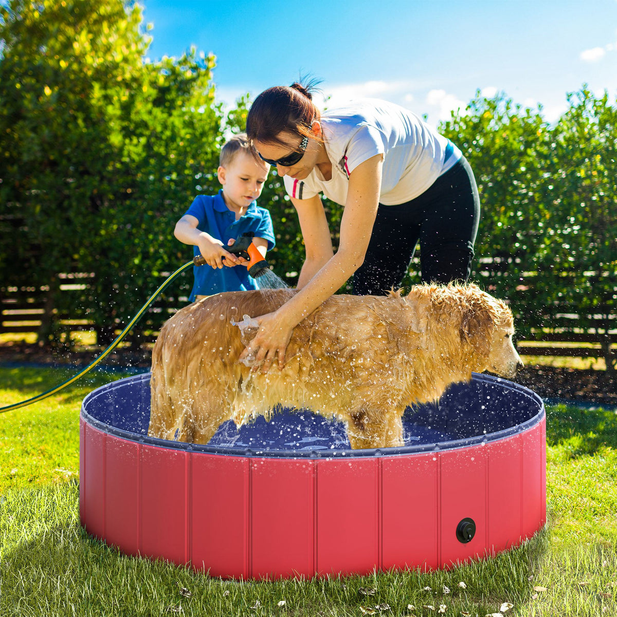 Piscina Dobrável para Cães Gatos Banheira Portátil para Animais de Estimação PVC Antideslizante Múltiplo Uso para Interior e Exterior Ø120x30 cm Vermelho — foto 2