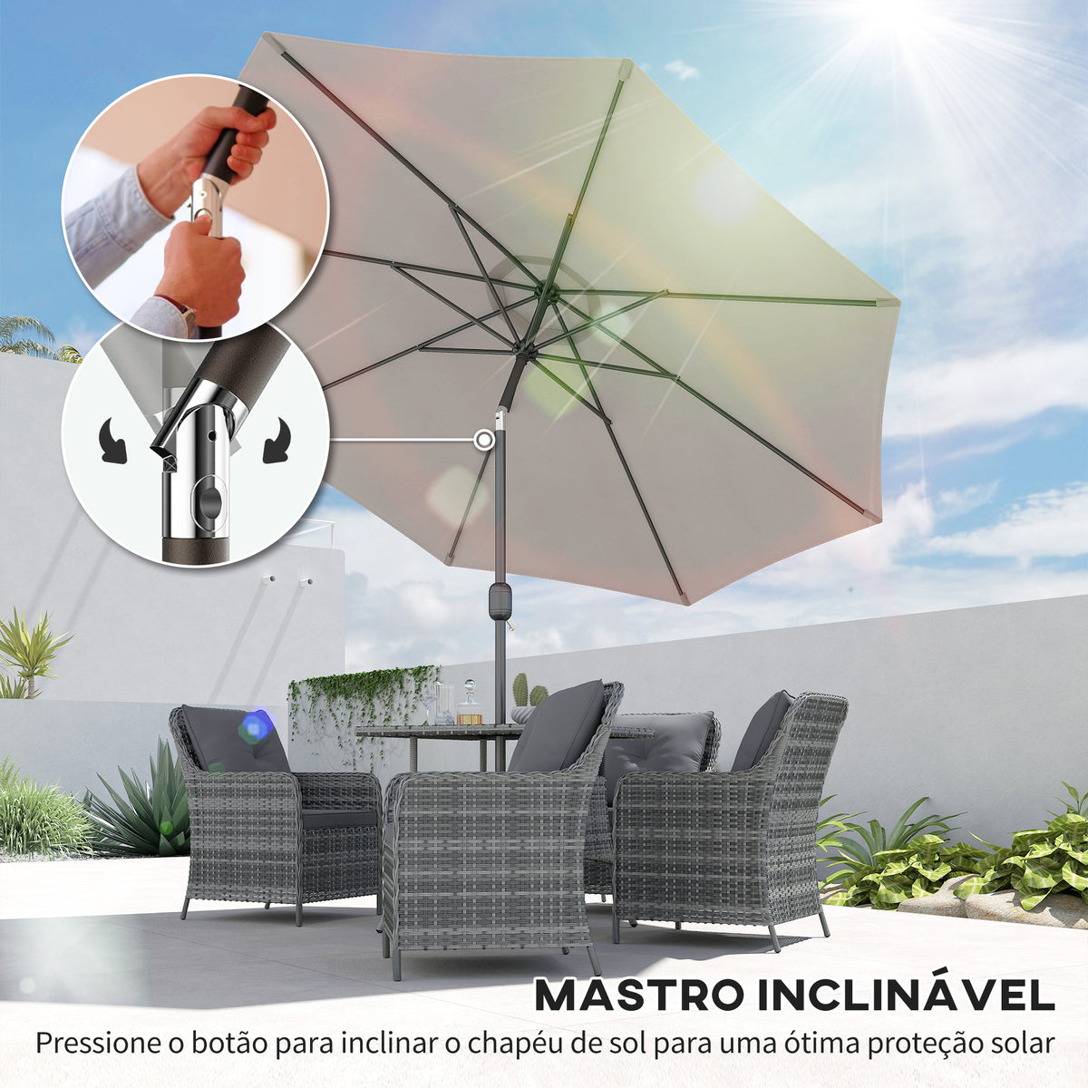 Chapéu de Sol de Jardim Ø295x250 cm com Manivela Chapéu de Sol Exterior com Mecanismo de Inclinação e Mastro Desmontável de Metal para Terraço Piscina Pátio Cinza — foto 4