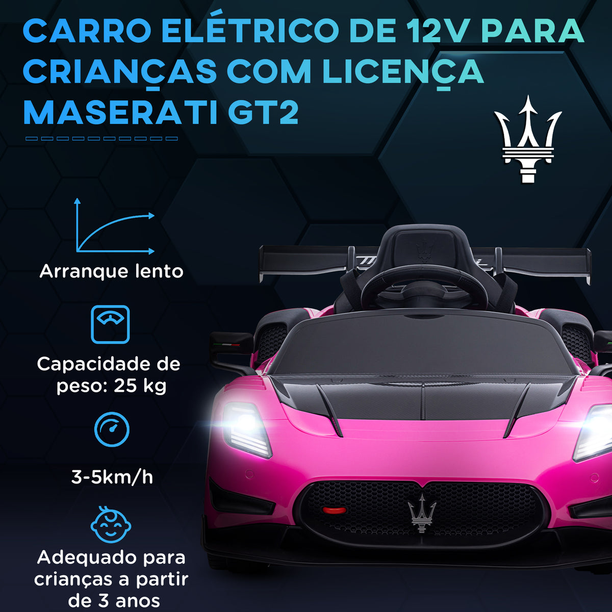 Carro Elétrico para Crianças acima de 3 Anos Carro Maserati GT2 Carro Elétrico a Bateria 12V Carro Elétrico para Crianças com Controlo Remoto Faróis LED Buzina Música e Rodas Auxiliares 115x60x45 cm Rosa — foto 4