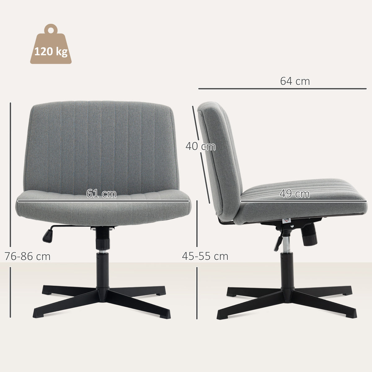 Cadeira de Escritório sem Apoio para os Braços Cadeira de Secretária Giratória com Função Basculante Altura Ajustável sem Rodas para Quarto Sala de Estar 61x64x76-86 cm Cinzento — foto 3