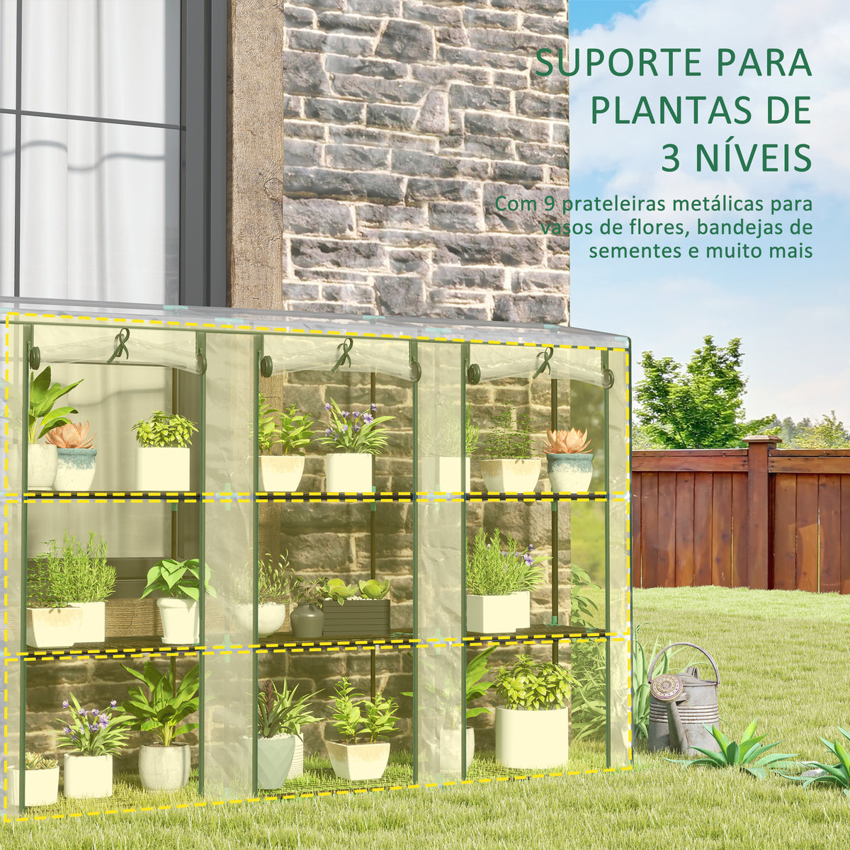 Estufa Pequena Estufa de Exterior com Prateleiras de 3 Níveis Portas com Fecho de Correr e Estrutura de Aço Estufa para Cultivar Plantas Flores 215x46x151 cm Transparente — foto 5
