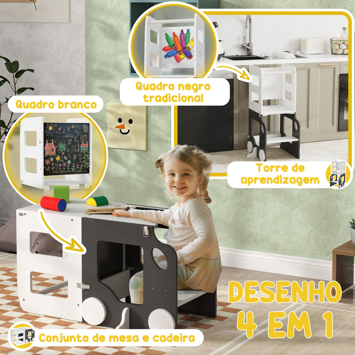 Torre de Aprendizagem 4 em 1 Torre de Aprendizagem para Crianças acima de 3 Anos em Forma de Carro Convertível em Mesa e Cadeira com Ardósia Barreira de Segurança 58x46x92 cm Branco e Cinza — foto 4