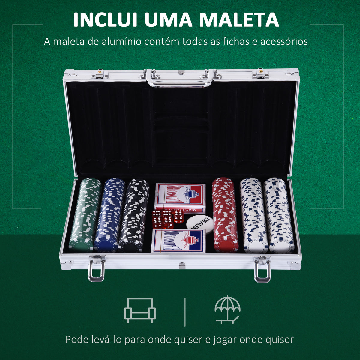 Mala de Poker Profissional com 300 Fichas Jogo de Poker Casino com Mala de Alumínio 5 Dados 2 Baralhos de Cartas e 1 Ficha de Dealer 38x20,5x6,5cm Multicor — foto 5