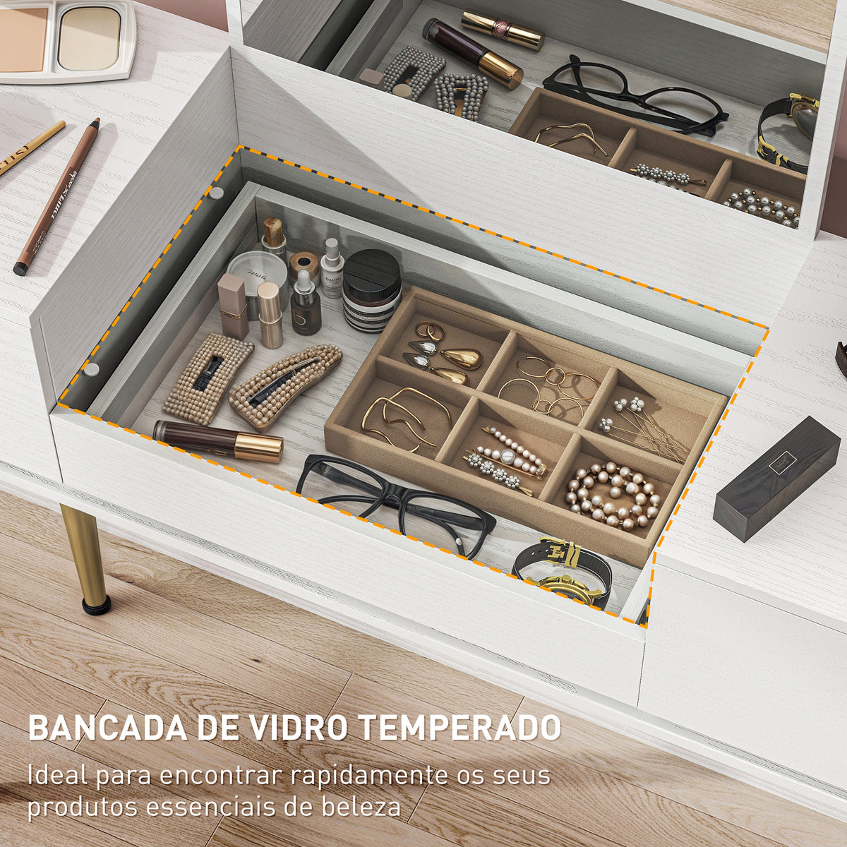 Tocador de Maquilhagem com Espelho Tocador com Bancada de Vidro Temperado 3 Gavetas Mesa de Maquilhagem Moderna para Dormitório 105,5x30x130,5 cm Branco — foto 5