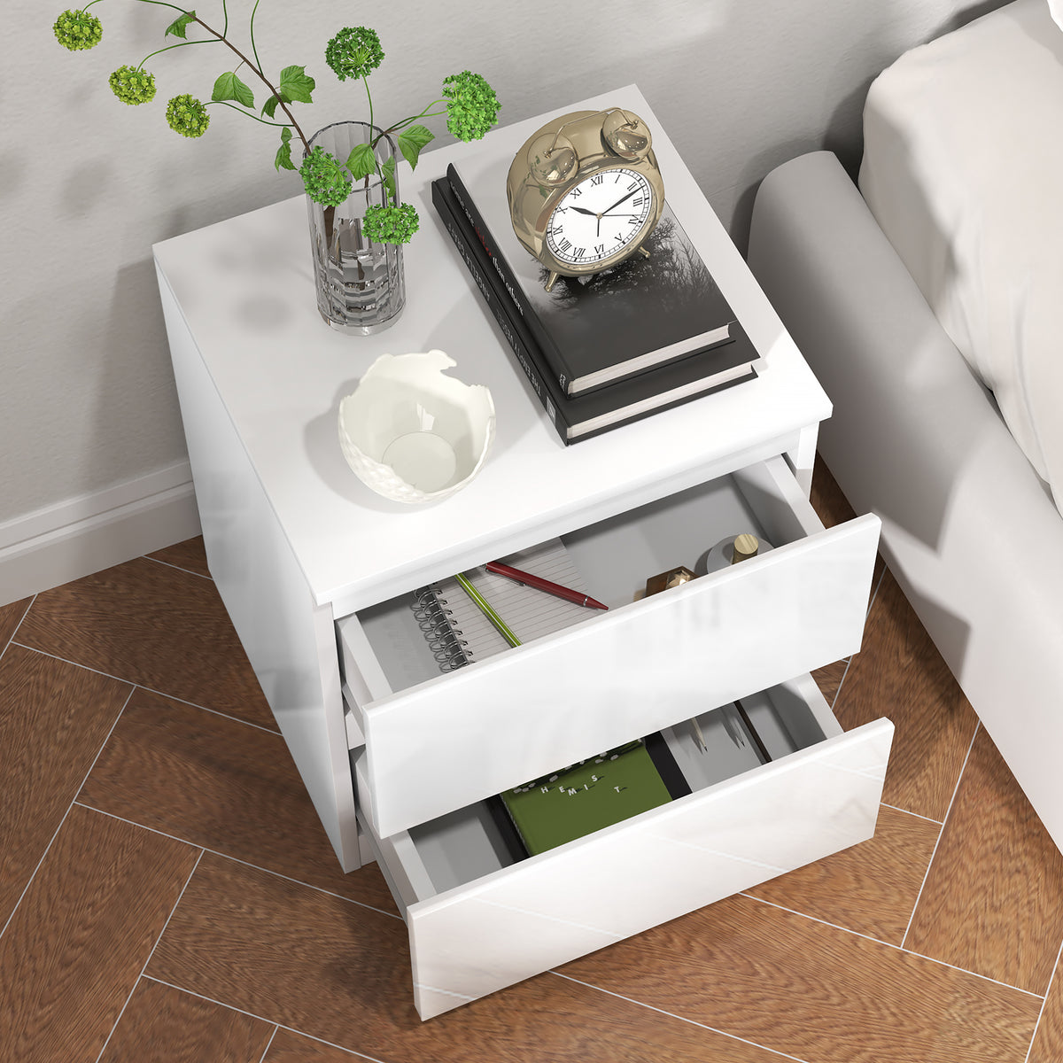 Mesa de Cabeceira Moderna Mesa de Cabeceira com 2 Gavetas Mesa de Cabeceira para Dormitório 40x34x45 cm Branco Brilhante — foto 8