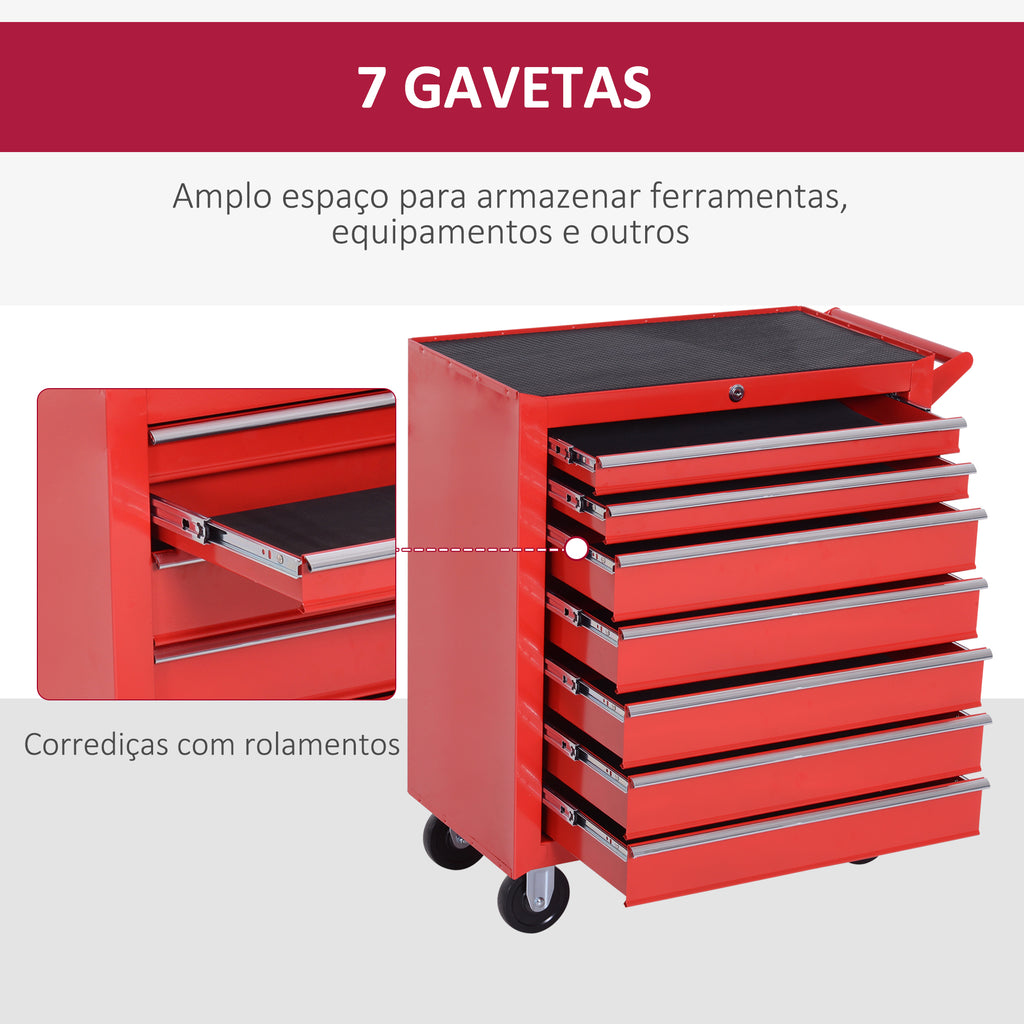 Carrinho de Ferramentas com 7 Gavetas, Carrinho de Oficina com Fechadura, Pega, 2 Rodas com Travão, para Garagem, Casa, Vermelho — foto 4