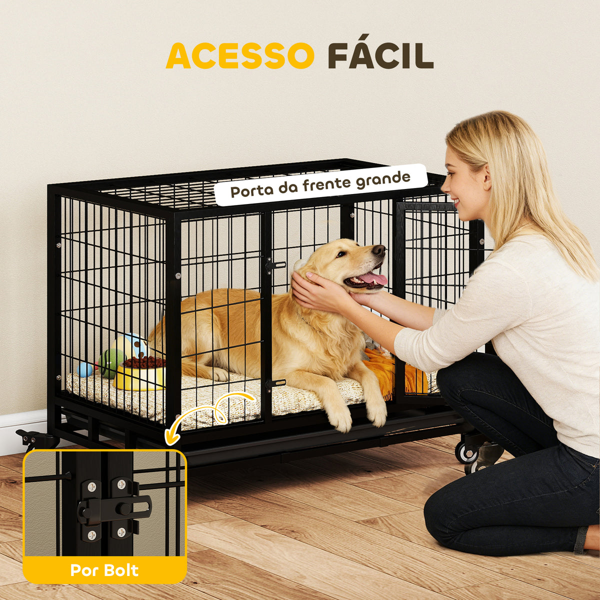 Gaiola de Metal para Cães com Rodas e Freios Bandeja Removível e Porta com Trava para Golden Retriver Labrador 92x62x75cm Preto — foto 5
