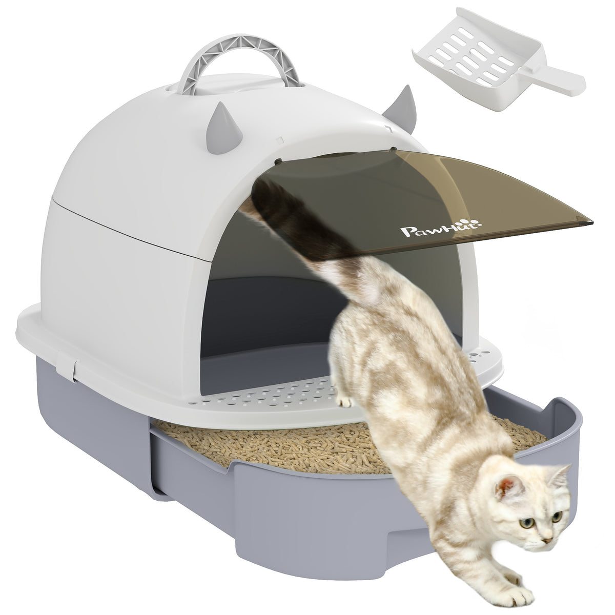 Caixa de Areia para Gatos Fechada Caixa de Areia para Gatos com Tampa e Bandeja Amovíveis Filtro de Carvão e Pá 40,5x52x39 cm Branco e Cinza — foto 1