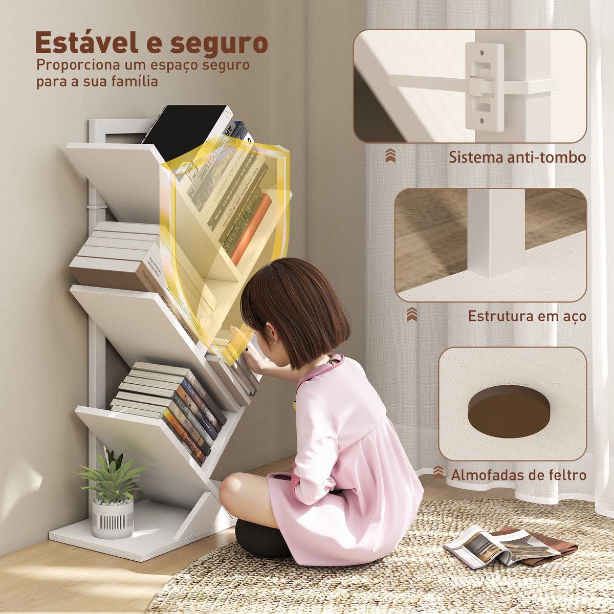 Estante em Forma de Árvore de 5 Níveis Estante de Livros com 5 Prateleiras e Estrutura de Aço para Sala de Estar Escritório Estúdio Quarto 50x24x82 cm Branco — foto 5