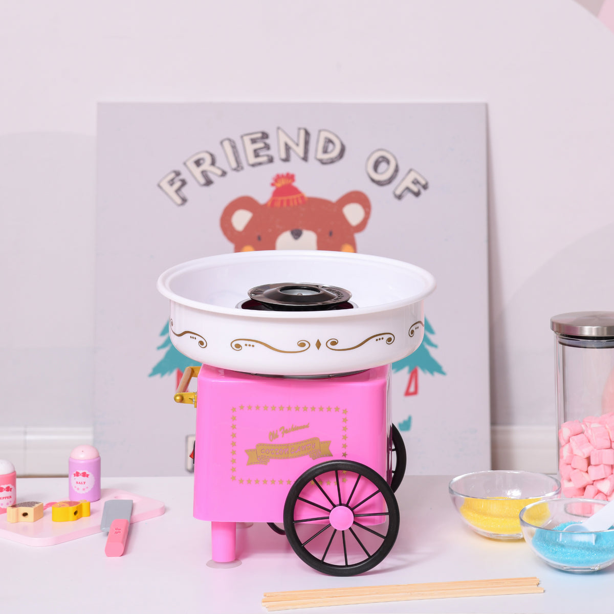 Máquina de Algodão Doce Estilo Retrô Potência 450W-550W Máquina de Algodão Doce com Colher Medidora e 10 Palitos de Bambu Aço Inoxidável e Alumínio 30x30x28cm Rosa — foto 2