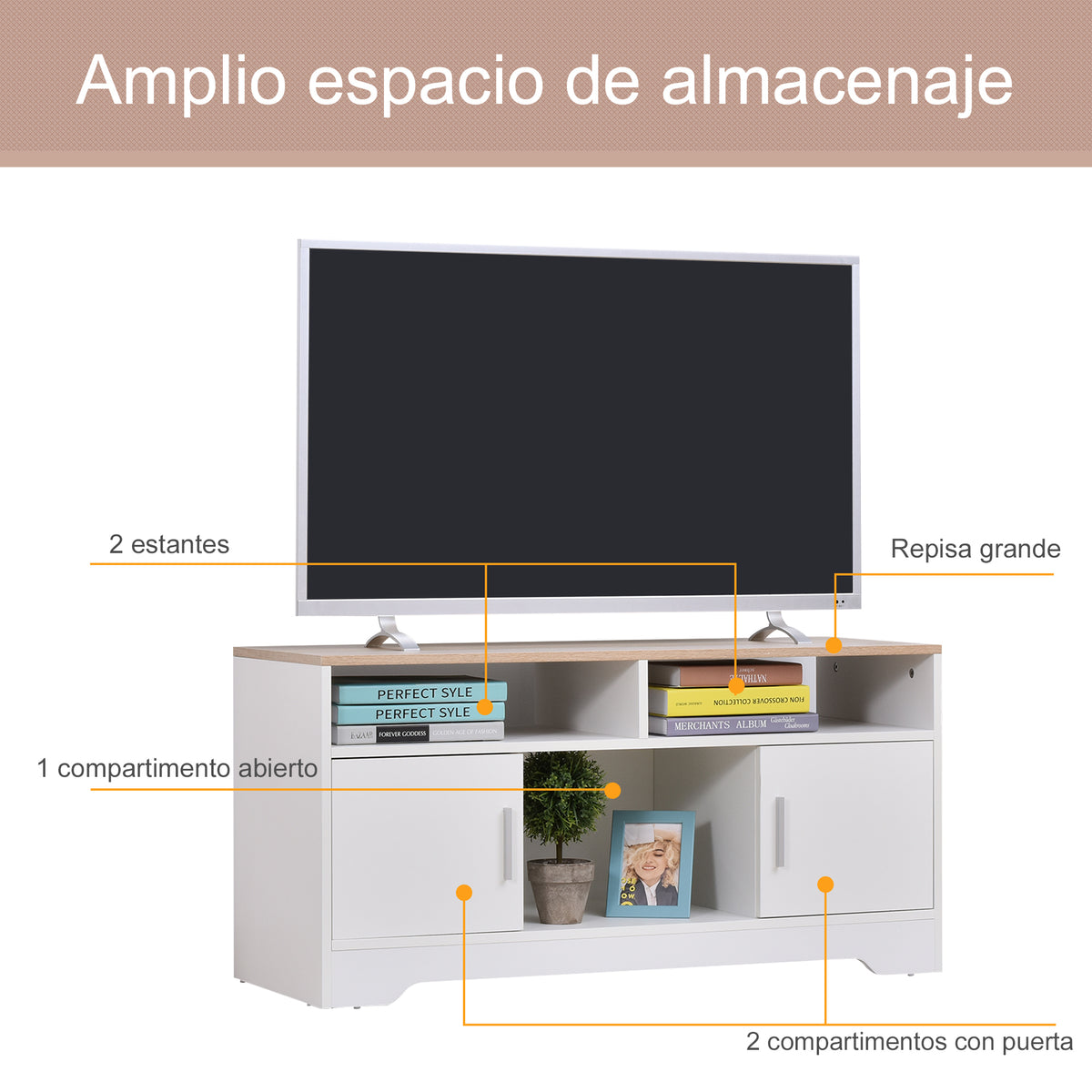 Móvel de TV para Sala de Estar Móvel de TV com Amplo Espaço de Arrumação Prateleiras Abertas Orifício Passa Cabos 105x40x52 cm Branco e Madeira — foto 4
