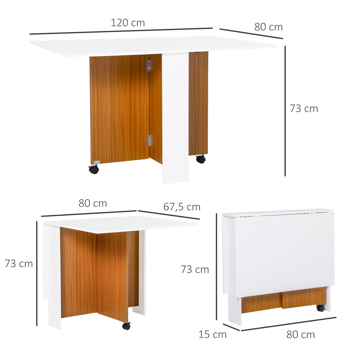 Mesa de Sala de Jantar Dobrável com Rodas Mesa Multifuncional para Sala de Jantar com 3 Formas 120x80x73cm Branco e Madeira — foto 3