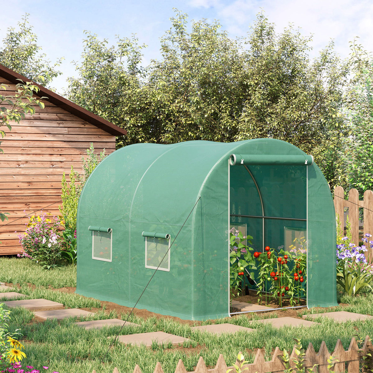 Estufa Tipo Túnel 300x200x195 cm com Porta e 4 Janelas Estufa de Jardim para Cultivo de Plantas e Verduras com Cobertura PE 140g/㎡ Verde — foto 2