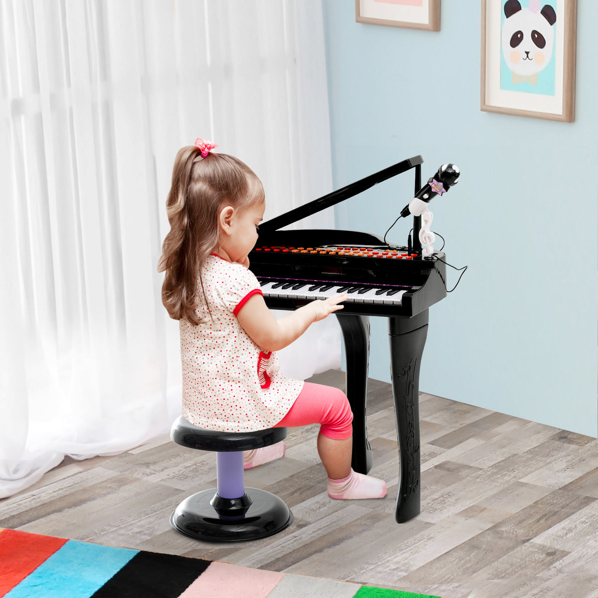 Piano para Crianças com 37 Teclas Piano Infantil com Microfone Banco Luzes 22 Músicas e Entrada para MP3 e USB 48x39x69 cm Preto — foto 2