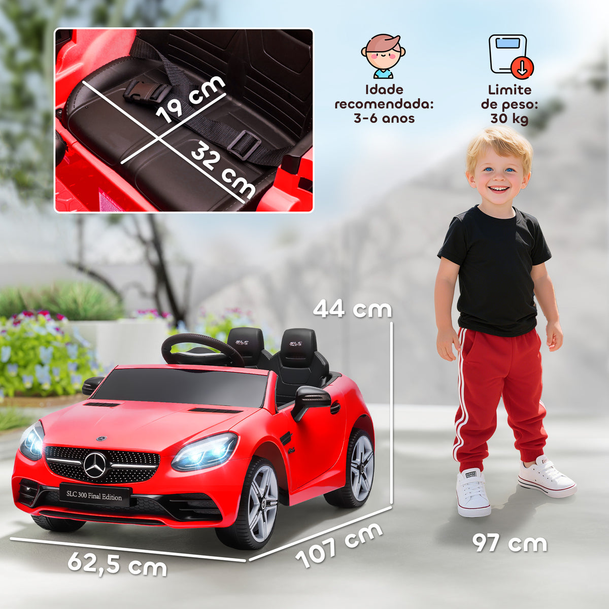 Carro Elétrico Mercedes SLC 300 12V para Crianças de 3-6 Anos com Controlo Remoto Faróis LED Buzina Música TF USB e Abertura da Porta 3-5km/h 107x62,5x44 cm Vermelho — foto 3