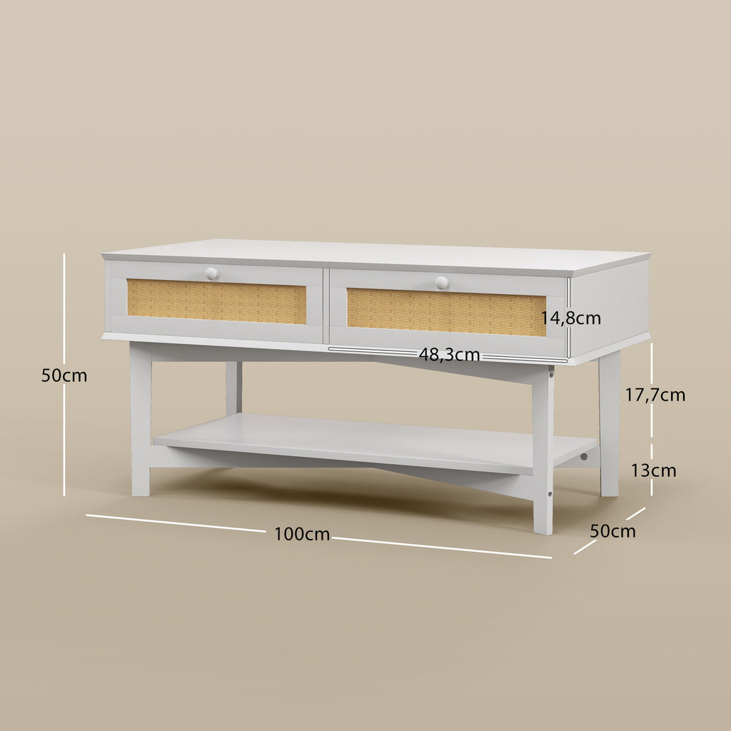 Mesa de Centro com 2 Gavetas Decorativas de Vime e Prateleira de Armazenamento Inferior para Sala de Estar Escritório Carga 50 kg 100x50x50 cm Branco — foto 3