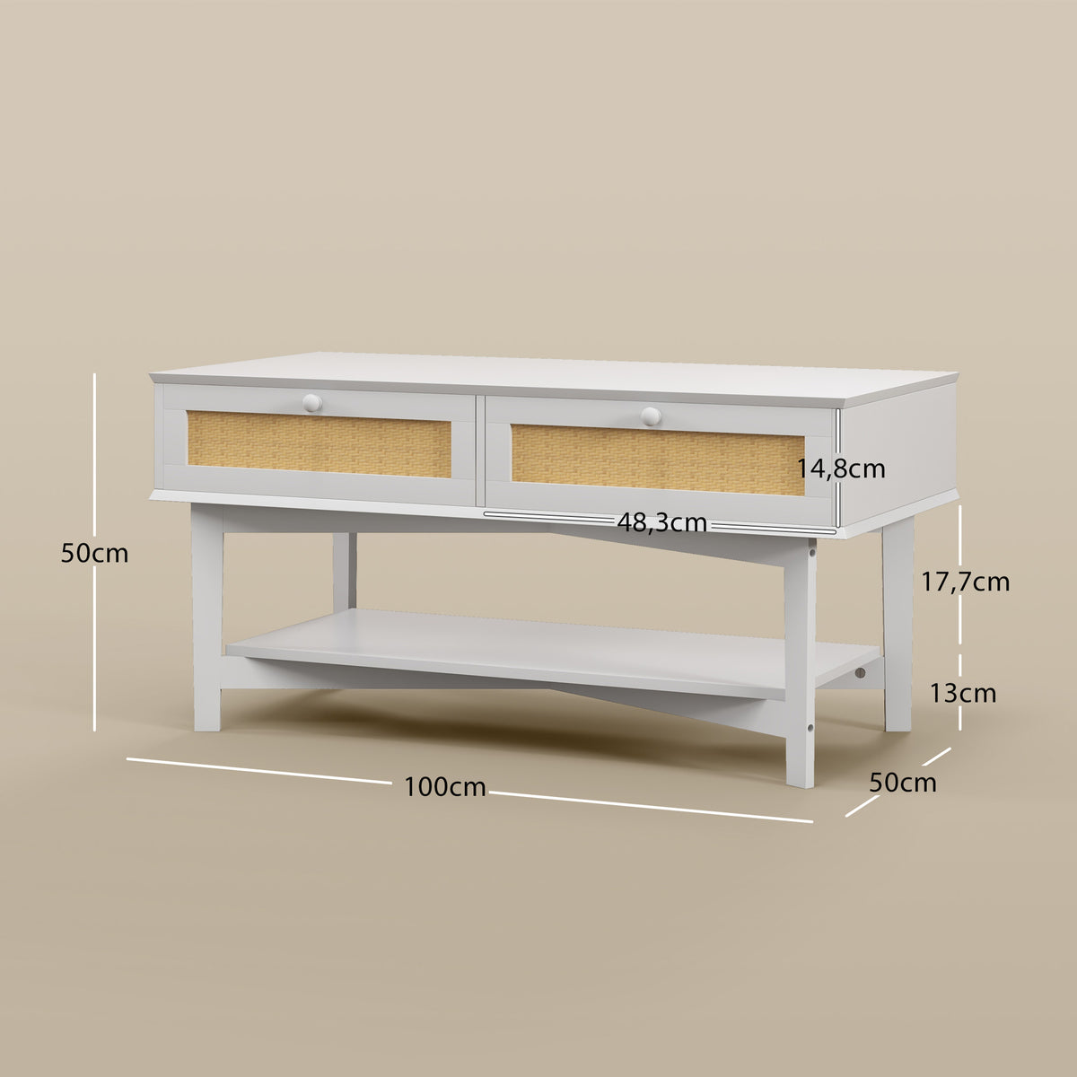 Mesa de Centro com 2 Gavetas Decorativas de Vime e Prateleira de Armazenamento Inferior para Sala de Estar Escritório Carga 50 kg 100x50x50 cm Branco — foto 3