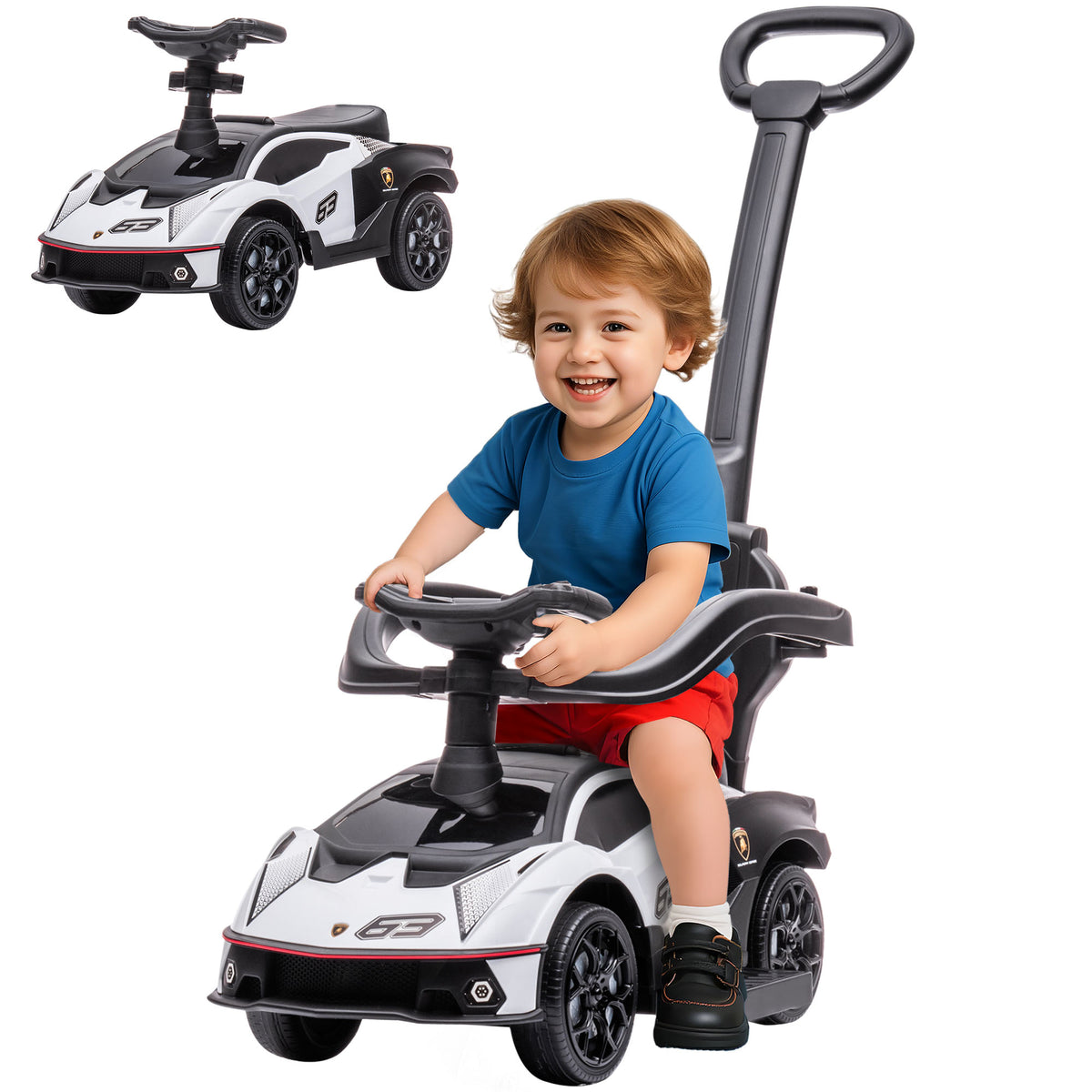 2 em 1 Carro Andador para Crianças 12-36 Meses Lamborghini Essenza SCV2 Carro Andador com Buzina Guiador e Grade de Segurança Removível 86,5x40x89,5cm Branco e Preto — foto 1