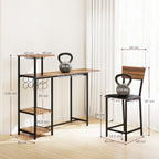 Conjunto de Mesa e Bancos de Bar Mesa Alta de Cozinha com 2 Bancos Laterais Rebatíveis Suporte para Vinhos e Prateleiras Estilo Industrial Castanho e Preto — foto 3