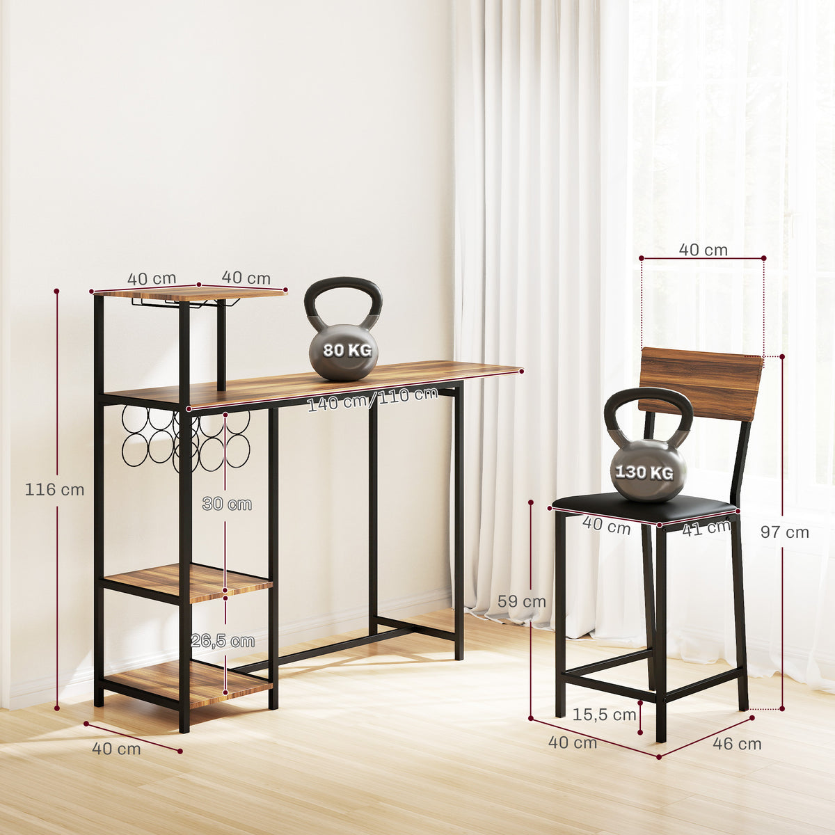 Conjunto de Mesa e Bancos de Bar Mesa Alta de Cozinha com 2 Bancos Laterais Rebatíveis Suporte para Vinhos e Prateleiras Estilo Industrial Castanho e Preto — foto 3