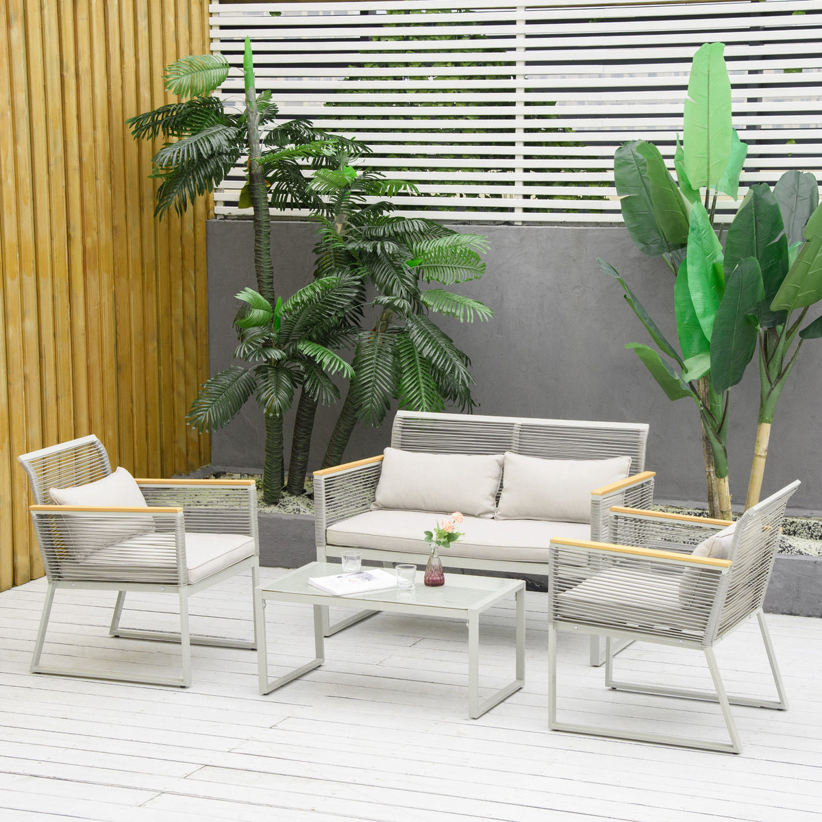 Conjunto de Móveis de Jardim Vime 4 Peças Sofá Duplo 2 Poltronas Individuais e Mesa de Centro com Vidro com Almofadas para Exterior Terraço Cinza — foto 2