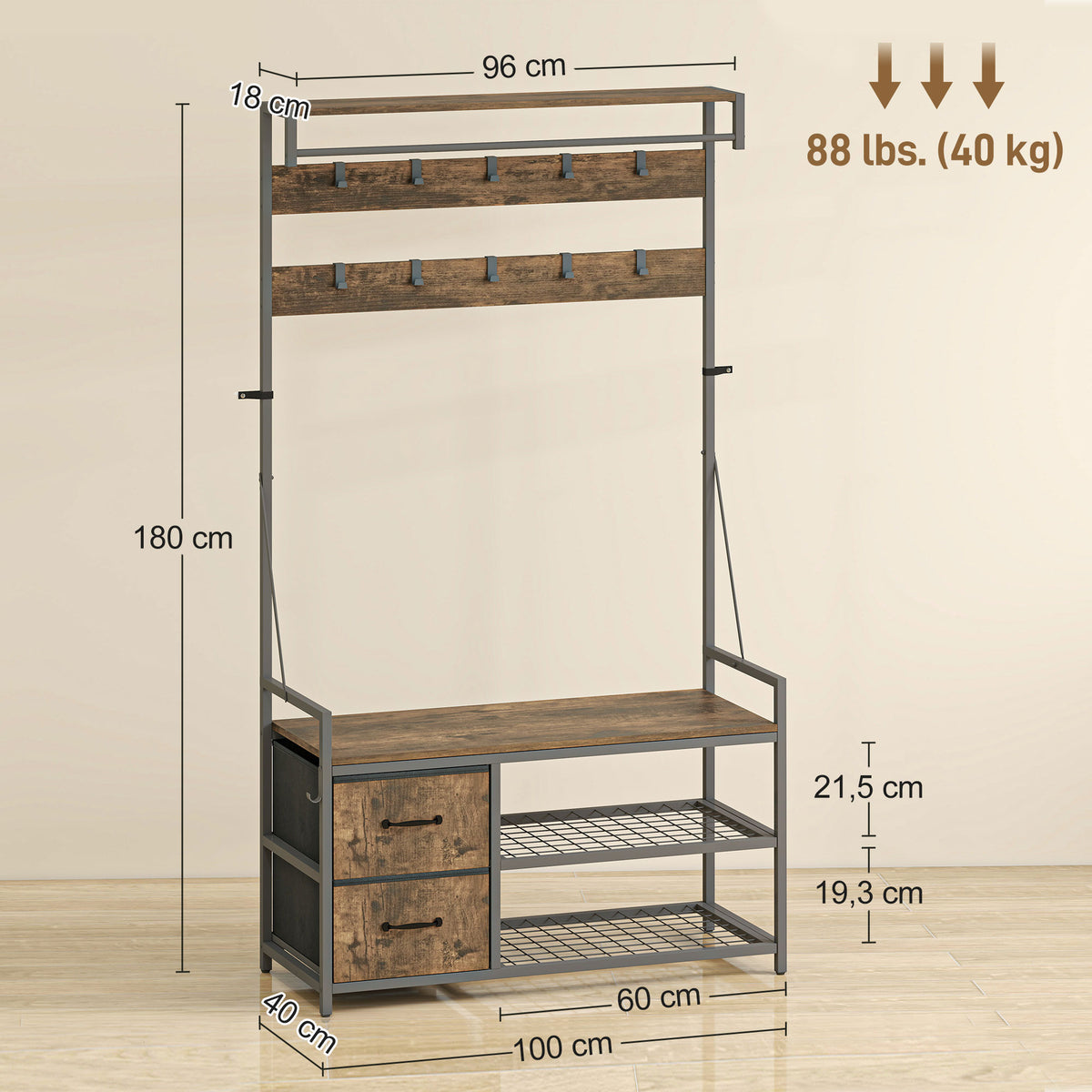 Móvel Cabide de Entrada 6 em 1 com Banco Móvel de Entrada com 10 Ganchos Ajustáveis 2 Gavetas Barra para Pendurar Estilo Industrial para Corredor 100x40x180 cm Castanho Rústico — foto 3