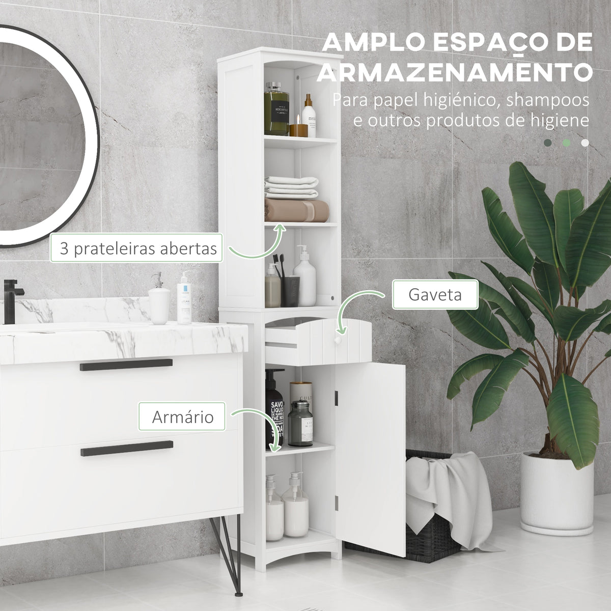 Coluna Casa de Banho com 1 Gaveta Armário e 3 Prateleiras Abertas Armário Alto Auxiliar para Casa de Banho 34x24x170 cm Branco — foto 4