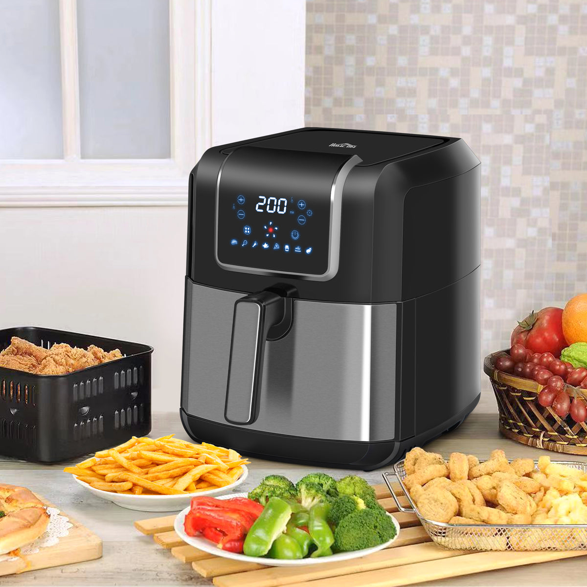 Fritadeira sem Óleo 6,5L 1700W Fritadeira de Ar Quente com 8 Programas Tela LED Tátil Temperatura Ajustável Temporizador e Cesta Antiaderente 36,5x29x33,8cm Preto — foto 2