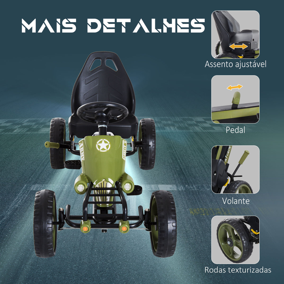 Go-Kart a pedais para crianças acima de 3 anos com freio embreagem assento ajustável máx. 35 kg 105x54x61cm Verde — foto 5