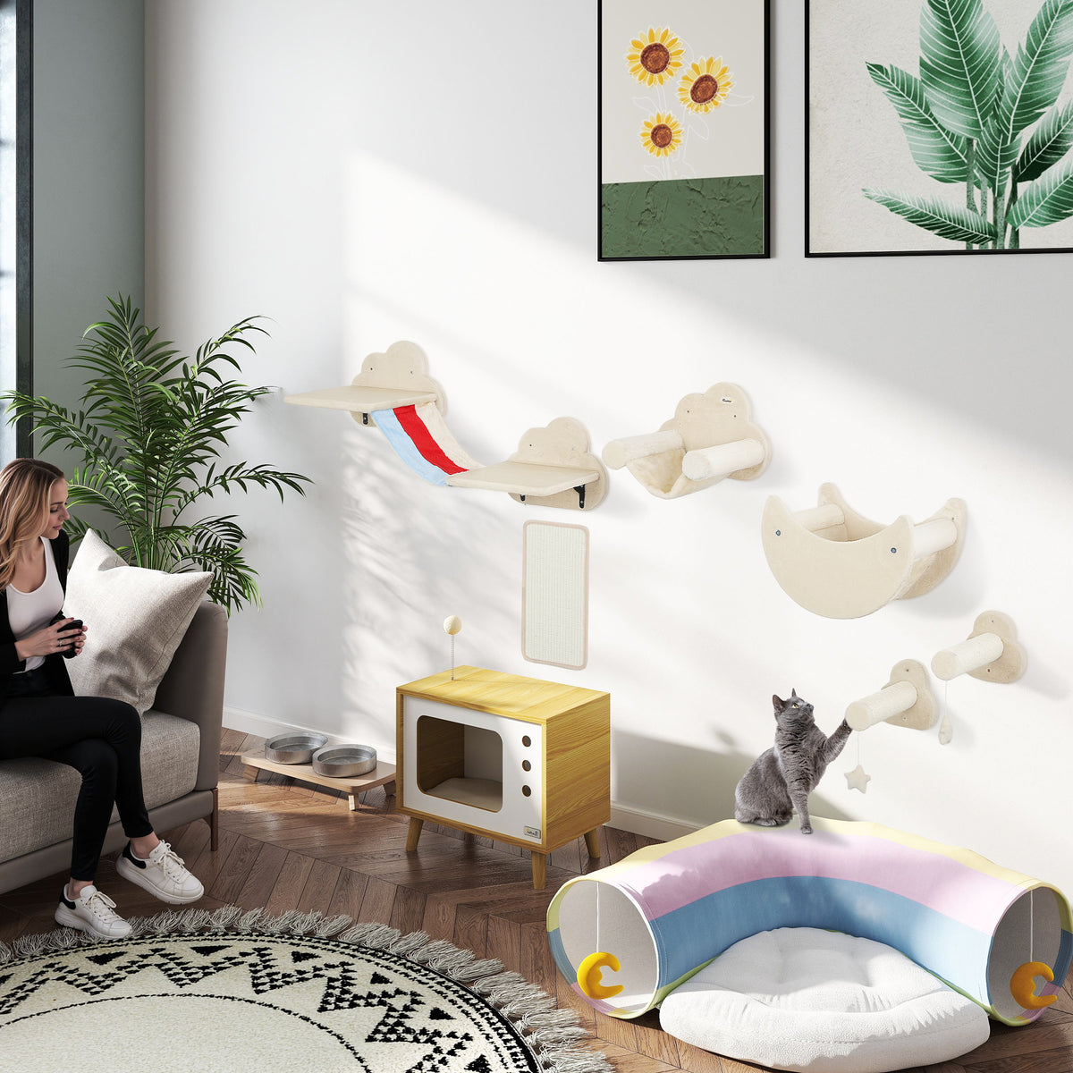 Conjunto de Prateleiras de Escalada para Gatos de 6 Peças Tema Céu Prateleiras para Gatos com Redes Plataformas Escadas Tábua de Arranhar Poste de Sisal e Estrelas de Brinquedo Bege — foto 2