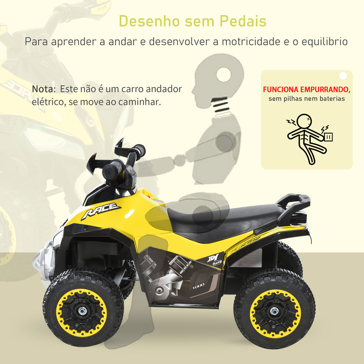 Quadriciclo para Crianças acima de 18 Meses Carro Andador Infantil com Função de Luzes e Música Desenho Inovador Carga 20kg 67,5x38x44cm Amarelo — foto 6