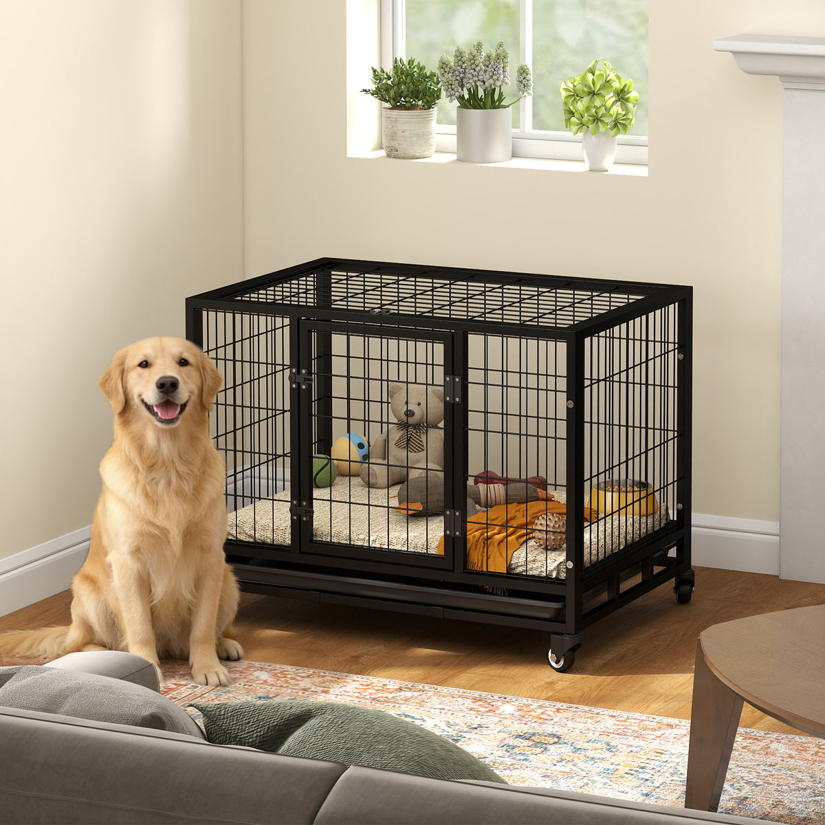 Gaiola de Metal para Cães com Rodas e Freios Bandeja Removível e Porta com Trava para Golden Retriver Labrador 92x62x75cm Preto — foto 2