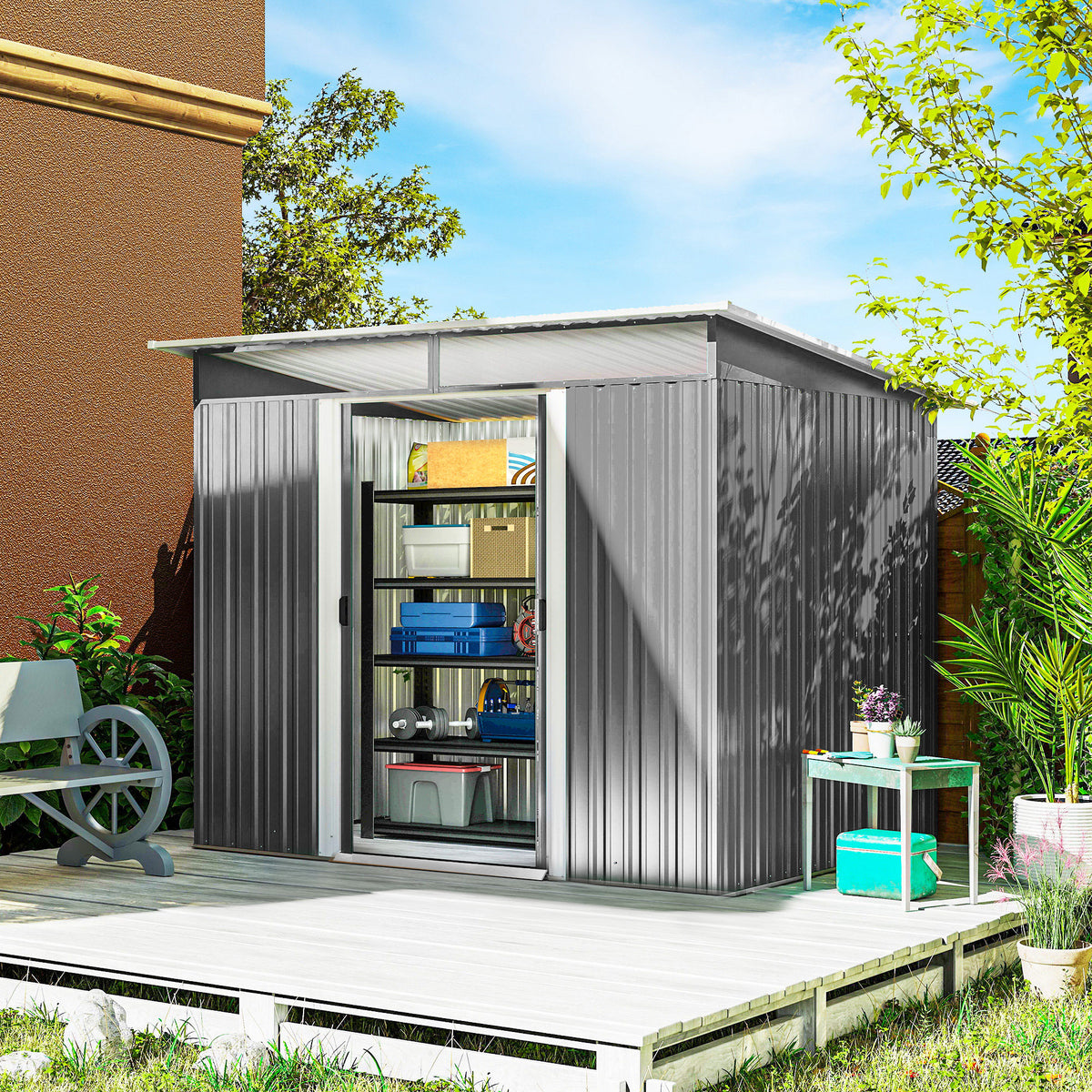Abrigo de Jardim 4,5 m² 260x194x200 cm Abrigo Exterior Metálico com Painéis Frontais Transparentes e 2 Portas Deslizantes para Armazenamento de Ferramentas Cinzento — foto 2