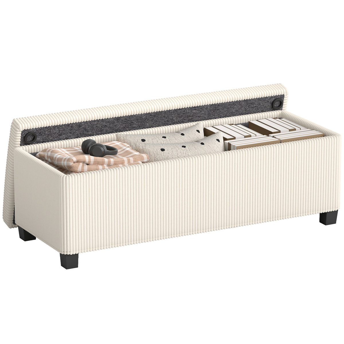 Banco de Arrumação Banco com Armazenamento Capacidade de 84 L 112x42x40 cm Estofado em Veludo Banco Pé de Cama para Dormitório Bege — foto 1